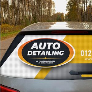 An image of a perforated car decal applied to the back window of a vehicle